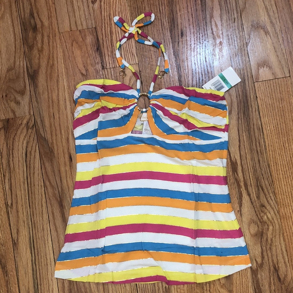 NEW Baby Phat Y2K Rainbow stripe Rhinestone Cat Keyhole Halter L / XL - Picture 11 of 15
